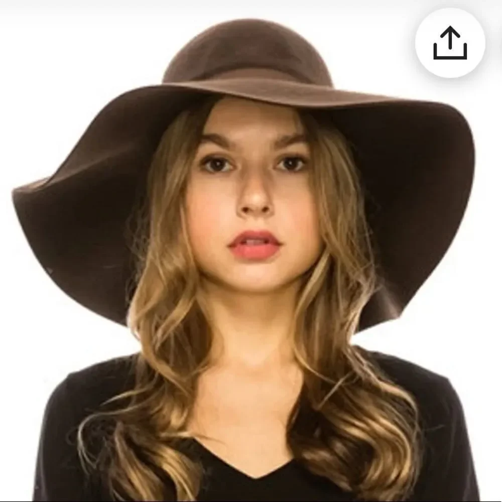 Wool Felt Brown Floppy Wide Brim Hat with waxed braided tie and brass charms